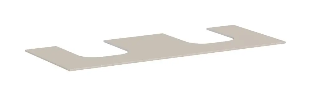 Helle Konsole mit zwei Ausschnitten für einen Waschtisch, hergestellt von Hansgrohe, bietet funktionale Unterstützung für Badezimmeranwendungen.